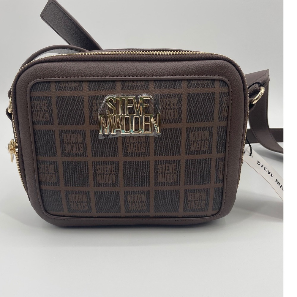 Steve Madden Blexi Hollywood Crossbody‎ Bag Sepia Brown Logo Grid DR143770 NEW